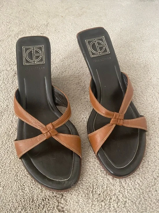 Cole Haan British Tan Brown  Leather Wedge Slide Sandals 8 - Picture 4 of 8